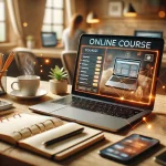 Laptop con plataforma de cursos online, cuaderno de notas y café en un escritorio moderno.