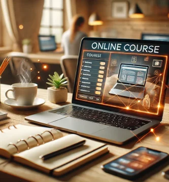 Laptop con plataforma de cursos online, cuaderno de notas y café en un escritorio moderno.