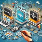 Ilustración comparativa de Udemy, Coursera y Domestika con sus principales características.