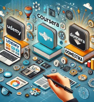 Ilustración comparativa de Udemy, Coursera y Domestika con sus principales características.