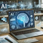 Laptop con curso online de IA mostrando redes neuronales y gráficos de machine learning.