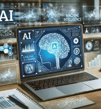 Laptop con curso online de IA mostrando redes neuronales y gráficos de machine learning.